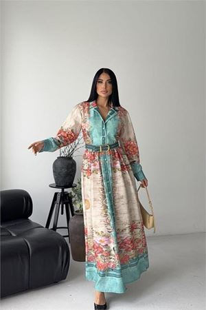 Neşeli butik kadın yeşil düğme detaylı desenli tam boy kemerli tasarım elbise NBMS25110