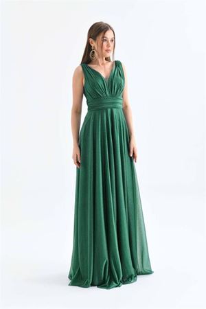 Neşeli butik kadın yeşil v yaka simli tül abiye elbise NBS9223