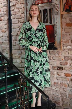 Neşeli butik kadın kruvaze yaka çiçek desenli midi elbise RSSN29