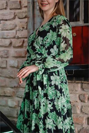 Neşeli butik kadın kruvaze yaka çiçek desenli midi elbise RSSN29