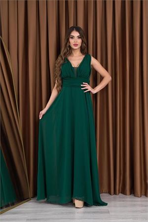Neşeli butik kadın zümrüt yeşil V-yaka şifon abiye elbise NB2027