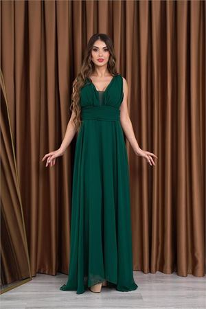 Neşeli butik kadın zümrüt yeşil V-yaka şifon abiye elbise NB2027