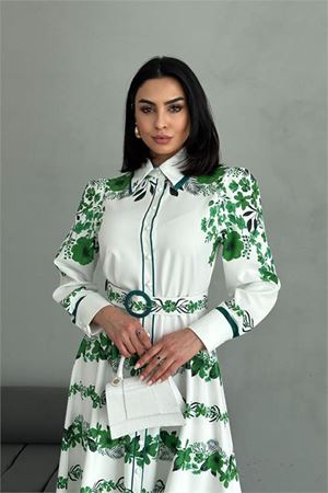 Neşeli butik kadın yeşil kemerli uzun elbise NBMS25015