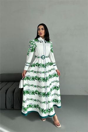 Neşeli butik kadın yeşil kemerli uzun elbise NBMS25015