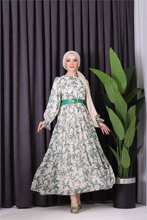 Neşeli butik kadın kemerli yazlık çiçek desenli tesettür elbise SMS010