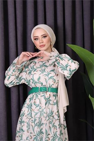 Neşeli butik kadın kemerli yazlık çiçek desenli tesettür elbise SMS010