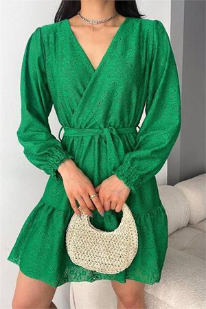 Neşeli butik kadın yeşil kruvaze kuşaklı mini elbise NBK2026