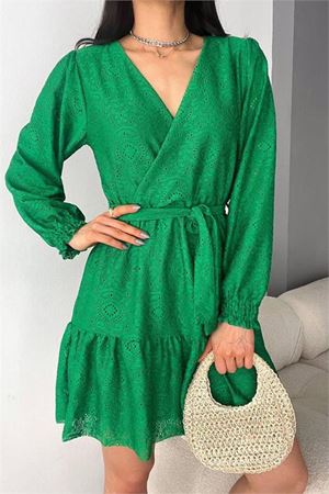 Neşeli butik kadın yeşil kruvaze kuşaklı mini elbise NBK2026