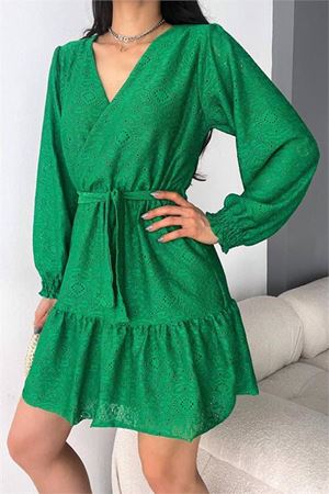 Neşeli butik kadın yeşil kruvaze kuşaklı mini elbise NBK2026