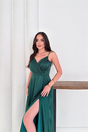 Neşeli butik kadın ayarlanabilir askılı yırtmaçlı tül abiye elbise RYS9276