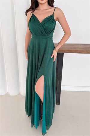 Neşeli butik kadın ayarlanabilir askılı yırtmaçlı tül abiye elbise RYS9276