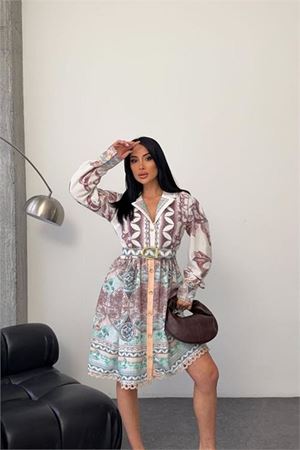 Neşeli butik kadın yeşil kemer detaylı mini boy tasarım elbise NBMS25111