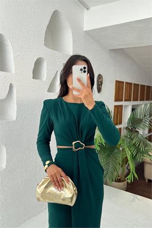 Neşeli butik kadın bel dekolteli toka detaylı uzun kollu elbise NBMY3655