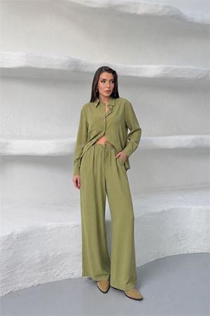 Neşeli butik kadın yeşil tensel kumaş oversize gömlek pantolon ikili takım NBNP037