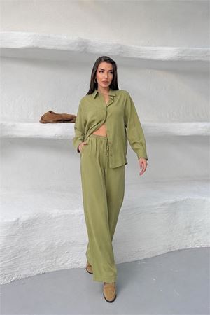 Neşeli butik kadın yeşil tensel kumaş oversize gömlek pantolon ikili takım NBNP037