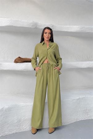 Neşeli butik kadın yeşil tensel kumaş oversize gömlek pantolon ikili takım NBNP037