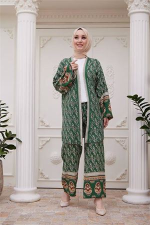 Neşeli butik kadın ithal kumaş tesettür kimono takım SMS020 - Yeşil