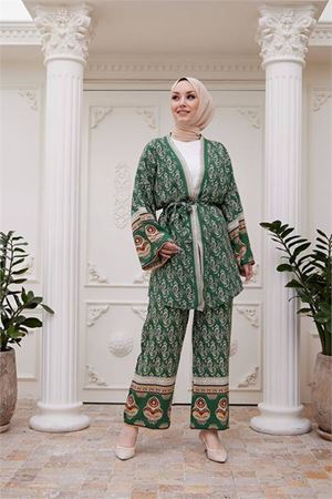 Neşeli butik kadın ithal kumaş tesettür kimono takım SMS020 - Yeşil