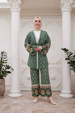 Neşeli butik kadın ithal kumaş tesettür kimono takım SMS020 - Yeşil