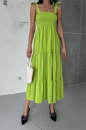 Neşeli butik kadın yeşil gipeli askılı poplin elbise NBG012