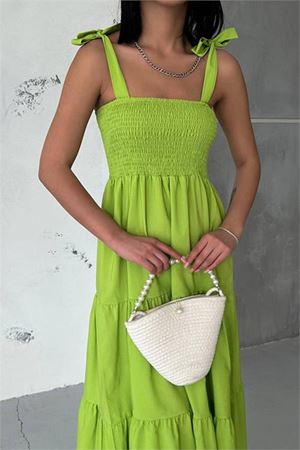 Neşeli butik kadın yeşil gipeli askılı poplin elbise NBG012