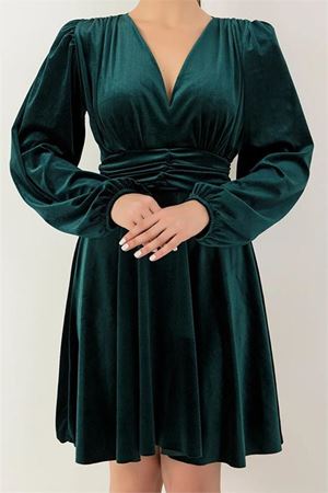 Neşeli butik kadın ithal kumaş vatkalı kadife elbise KKLF70