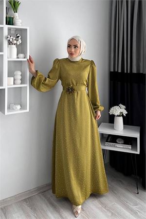 Neşeli butik kadın saten taş detaylı tesettür elbise NMS050