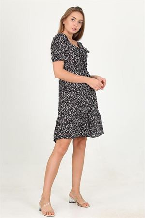Neşeli butik kadın yeşil yakası büzgülü çiçek desenli viskon elbise Lptr11