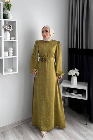 Neşeli butik kadın saten taş detaylı tesettür elbise NMS050