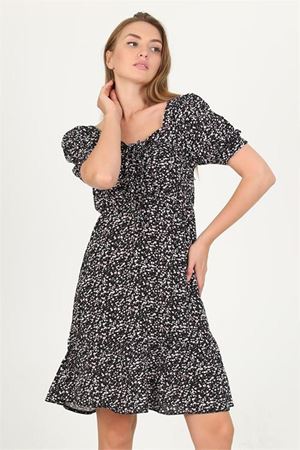 Neşeli butik kadın yeşil yakası büzgülü çiçek desenli viskon elbise Lptr11