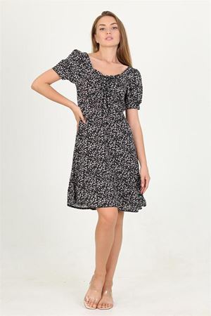 Neşeli butik kadın yeşil yakası büzgülü çiçek desenli viskon elbise Lptr11
