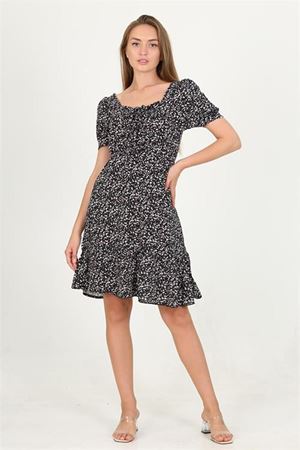 Neşeli butik kadın yeşil yakası büzgülü çiçek desenli viskon elbise Lptr11