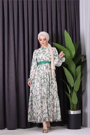 Neşeli butik kadın kemerli yazlık çiçek desenli tesettür elbise SMS010