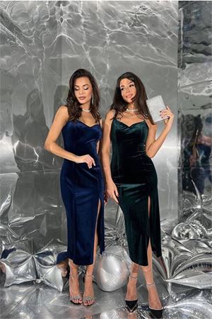 Neşeli butik kadın kadife taş işlemeli abiye elbise NBEMP2554