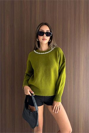 Neşeli butik kadın yeşil yaka taş işlemeli oversize triko kazak NBK25818 ( STD-36-42)