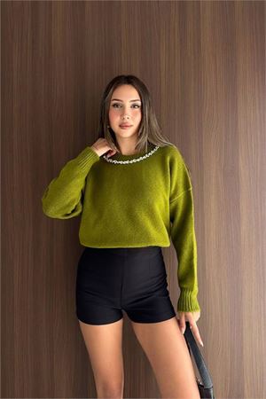 Neşeli butik kadın yeşil yaka taş işlemeli oversize triko kazak NBK25818 ( STD-36-42)