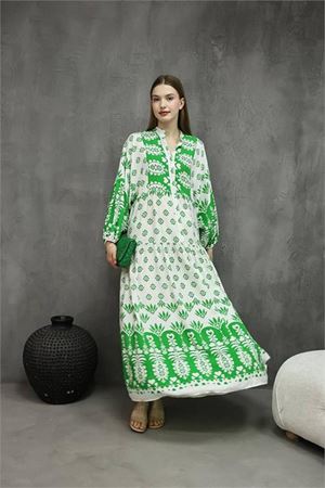 Neşeli butik kadın hakim yaka düğme detaylı viskon elbise NBRS05