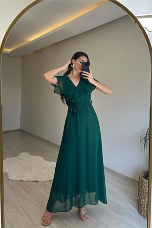 Neşeli butik kadın v yaka kuşaklı maxi şifon elbise NM008