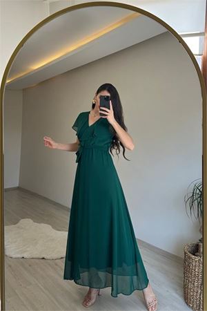 Neşeli butik kadın v yaka kuşaklı maxi şifon elbise NM008