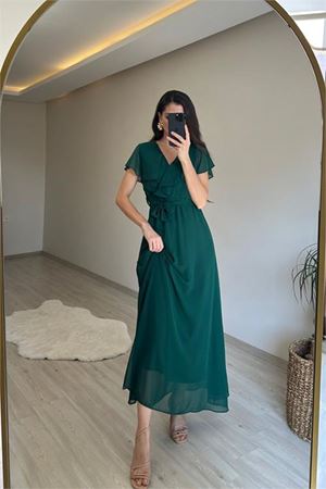 Neşeli butik kadın v yaka kuşaklı maxi şifon elbise NM008