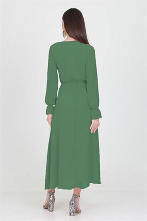 Neşeli butik kadın kruvaze yaka zümrüt yeşili uzun şifon elbise KTS003
