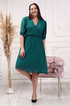 Neşeli butik kadın yeşil kruvaze yaka midi boy büyük beden şifon elbise NB8062