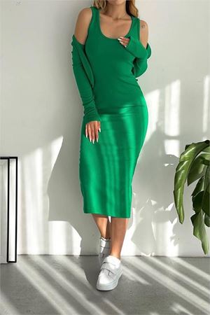 Neşeli butik kadın çıkarılabilir bolerolu triko elbise KKLF65 - Yeşil