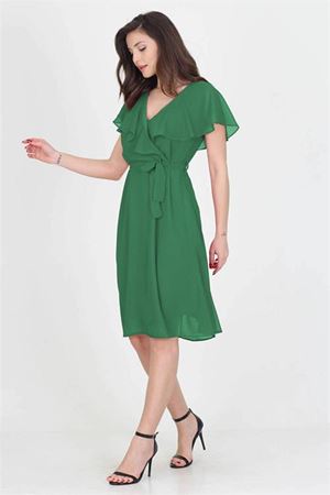 Neşeli butik kadın melek kol kruvaze yaka zümrüt yeşil şifon elbise NB8081
