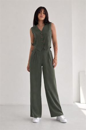 Neşeli butik kadın yeşil düğme detaylı tensel kumaş yelek geniş paça pantolon takım NBRW6039