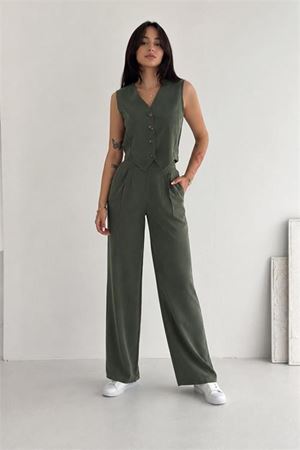 Neşeli butik kadın yeşil düğme detaylı tensel kumaş yelek geniş paça pantolon takım NBRW6039