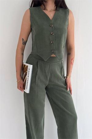 Neşeli butik kadın yeşil düğme detaylı tensel kumaş yelek geniş paça pantolon takım NBRW6039
