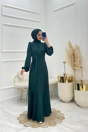Neşeli butik kadın bağlama detaylı jakarlı tesettür elbise NMS044