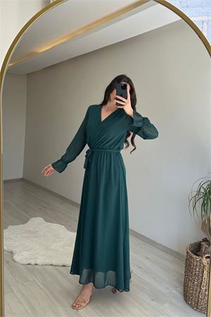 Neşeli butik kadın uzun kollu kuşaklı maxi şifon elbise NM001