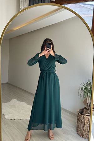 Neşeli butik kadın uzun kollu kuşaklı maxi şifon elbise NM001